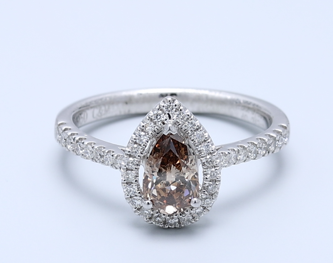 0.57ct Brown Pear Diamond Halo Pave Ring