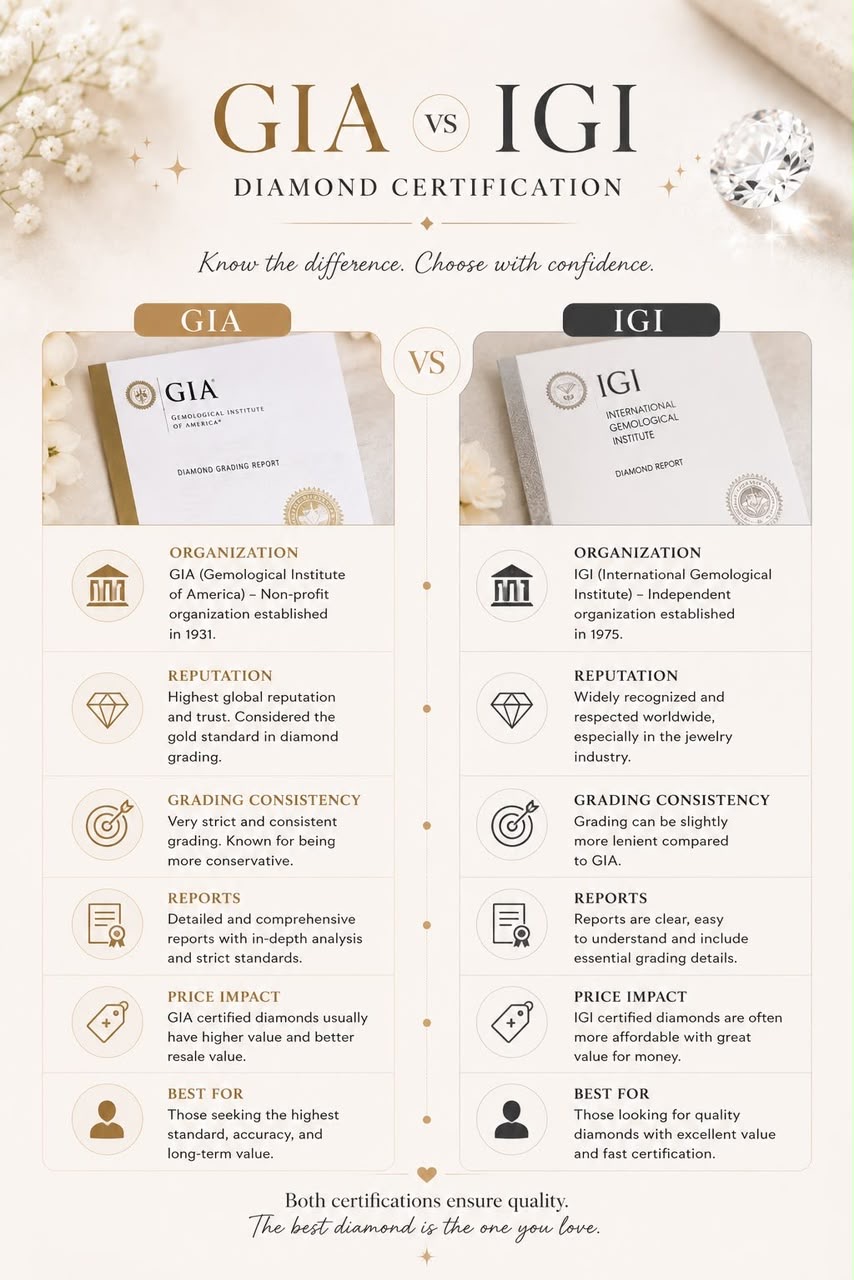 Infographic comparing GIA and IGI diamond certification on reputation, grading consistency, reports and price impact