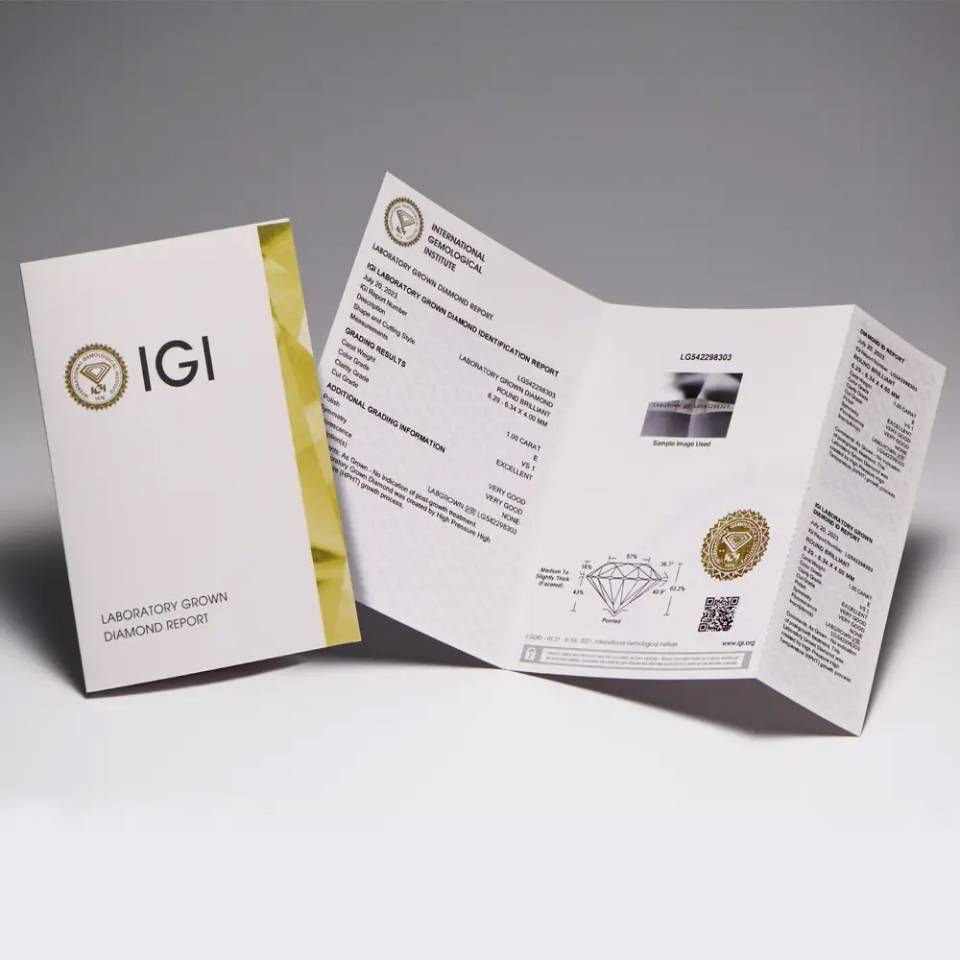 IGI Laboratory Grown Diamond Report, closed cover and opened three-panel report