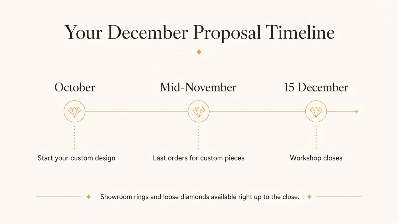 December proposal engagement ring timeline calendar for Cape Town, with the mid-November custom order cut-off and 15 December workshop close
