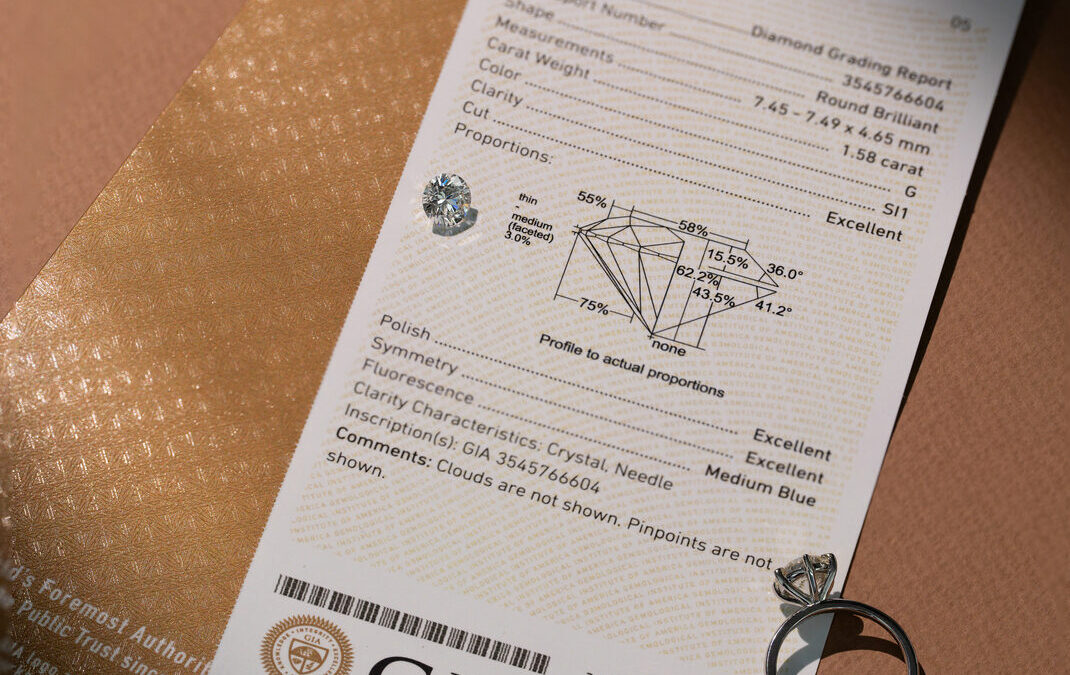 GIA certified natural diamond grading report with an engagement ring, showing certification for a natural diamond